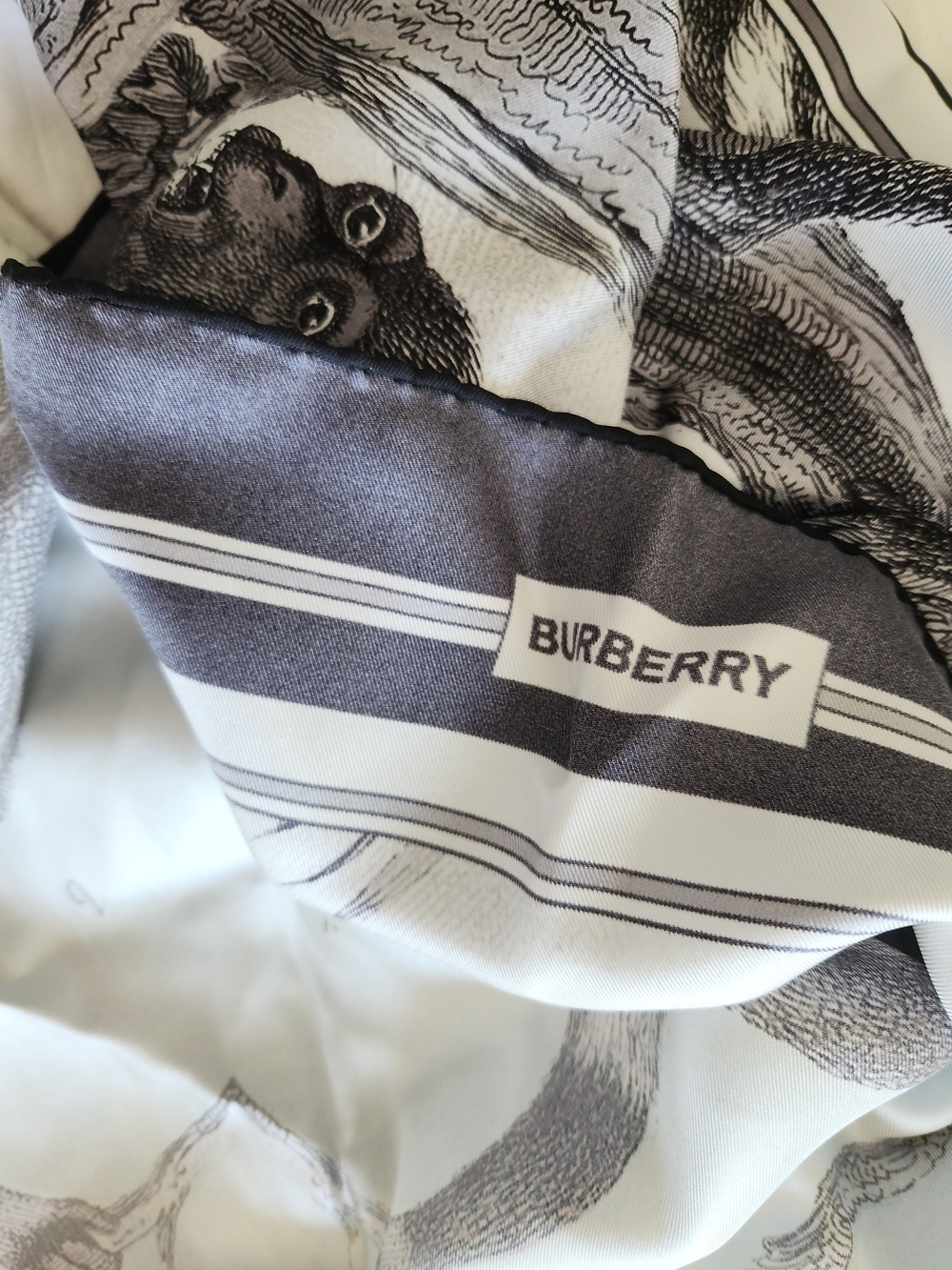 Burberry Silk Scarf Green Cream White Blue Black White Art Fashion Hankerchief - Picture 6 of 9